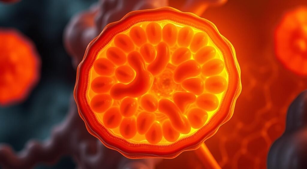 A detailed cross-section of a living mitochondrion, the cellular powerhouse, illuminated by warm, diffuse lighting. The intricate internal structure is visible, with cristae, outer membrane, and matrix clearly defined. The mitochondrion is situated in a softly-blurred cellular environment, highlighting its central role in the process of cellular respiration. The composition emphasizes the organelle's complexity and the vital energy-generating functions it performs within the living cell.