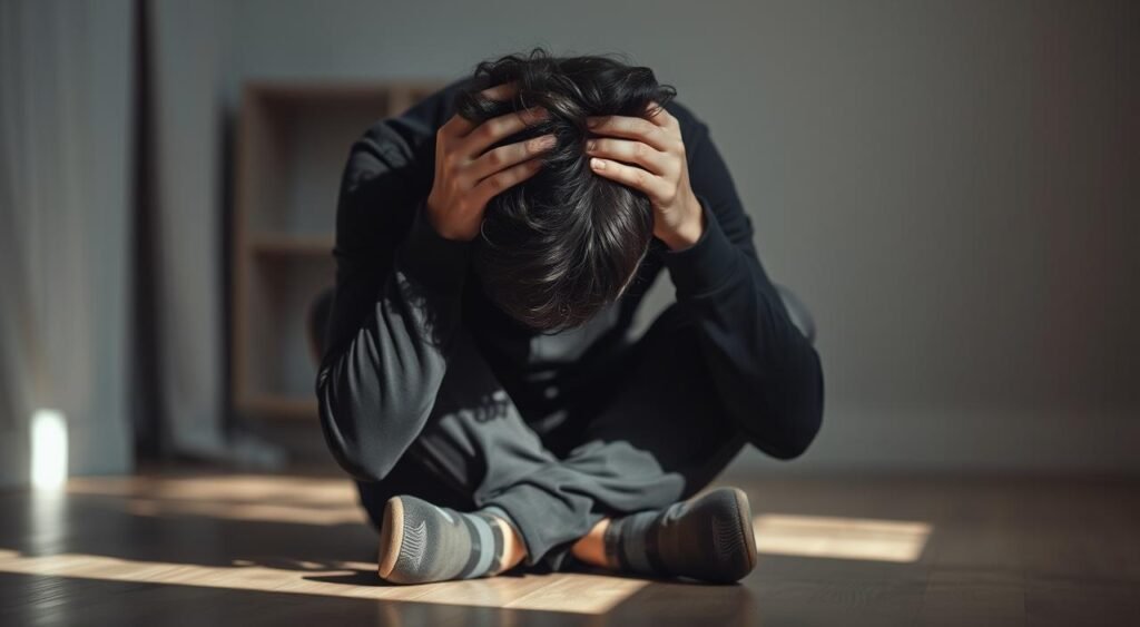 A person sitting on the floor, their head in their hands, their expression one of deep worry and anxiety. The background is a blurred, hazy room, with muted colors and a sense of heaviness in the air. Soft, natural lighting casts shadows that accentuate the subject's posture, creating a somber, introspective atmosphere. The focus is on the individual's emotional state, conveying the long-term impact of chronic anxiety on the mind and body.
