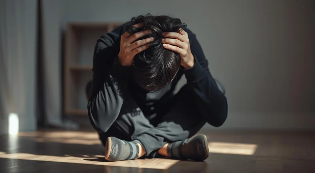 A person sitting on the floor, their head in their hands, their expression one of deep worry and anxiety. The background is a blurred, hazy room, with muted colors and a sense of heaviness in the air. Soft, natural lighting casts shadows that accentuate the subject's posture, creating a somber, introspective atmosphere. The focus is on the individual's emotional state, conveying the long-term impact of chronic anxiety on the mind and body. A person sitting on the floor, their head in their hands, their expression one of deep worry and anxiety. The background is a blurred, hazy room, with muted colors and a sense of heaviness in the air. Soft, natural lighting casts shadows that accentuate the subject's posture, creating a somber, introspective atmosphere. The focus is on the individual's emotional state, conveying the long-term impact of chronic anxiety on the mind and body.