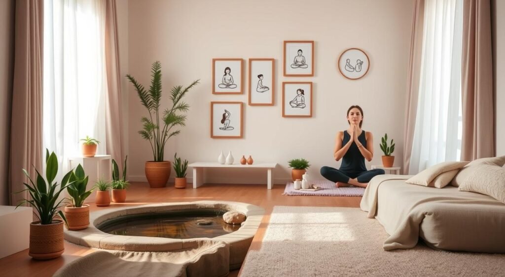 A serene, minimalist scene depicting practical strategies for managing anxiety in everyday life. The foreground features a person practicing deep breathing exercises, surrounded by calming natural elements like potted plants and a gentle stream. The middle ground showcases mindfulness practices such as meditation, yoga poses, and journaling. The background depicts a warm, cozy indoor space with soothing neutral tones, soft lighting, and comforting textures like plush fabrics. The overall atmosphere conveys a sense of tranquility, focus, and self-care, encouraging the viewer to explore healthy coping mechanisms for anxiety.