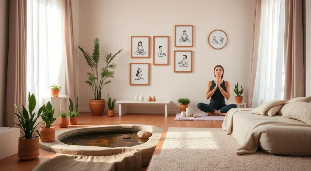 A serene, minimalist scene depicting practical strategies for managing anxiety in everyday life. The foreground features a person practicing deep breathing exercises, surrounded by calming natural elements like potted plants and a gentle stream. The middle ground showcases mindfulness practices such as meditation, yoga poses, and journaling. The background depicts a warm, cozy indoor space with soothing neutral tones, soft lighting, and comforting textures like plush fabrics. The overall atmosphere conveys a sense of tranquility, focus, and self-care, encouraging the viewer to explore healthy coping mechanisms for anxiety. A serene, minimalist scene depicting practical strategies for managing anxiety in everyday life. The foreground features a person practicing deep breathing exercises, surrounded by calming natural elements like potted plants and a gentle stream. The middle ground showcases mindfulness practices such as meditation, yoga poses, and journaling. The background depicts a warm, cozy indoor space with soothing neutral tones, soft lighting, and comforting textures like plush fabrics. The overall atmosphere conveys a sense of tranquility, focus, and self-care, encouraging the viewer to explore healthy coping mechanisms for anxiety.