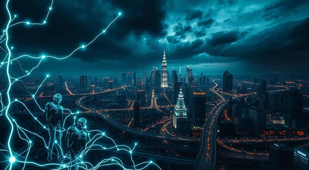 A surreal, hyperconnected landscape depicting the anxieties of modern life. In the foreground, a tangled web of glowing neon lines and circuits symbolize the digital overload, with figures trapped within the network. The middle ground showcases a chaotic urban environment, skyscrapers and transportation hubs merging into a blur of motion and activity. In the background, an ominous dark sky looms, reflecting the pervasive sense of unease and psychological strain. Dramatic chiaroscuro lighting casts dramatic shadows, heightening the sense of tension and unease. The overall composition conveys the overwhelming nature of hyperconnectivity and its impact on mental well-being in the 21st century.
