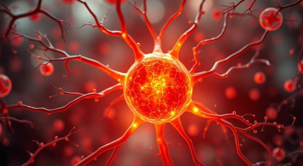 A vibrant, glowing mitochondrion in the center of the frame, its intricate inner workings pulsing with energy. Surrounding it, delicate capillaries and cells in a detailed, lifelike anatomical illustration. Soft, natural lighting illuminates the scene, creating a sense of depth and dimensionality. The overall atmosphere is one of vitality and renewal, reflecting the impact of mitochondrial reactivation on the body's general health and well-being.